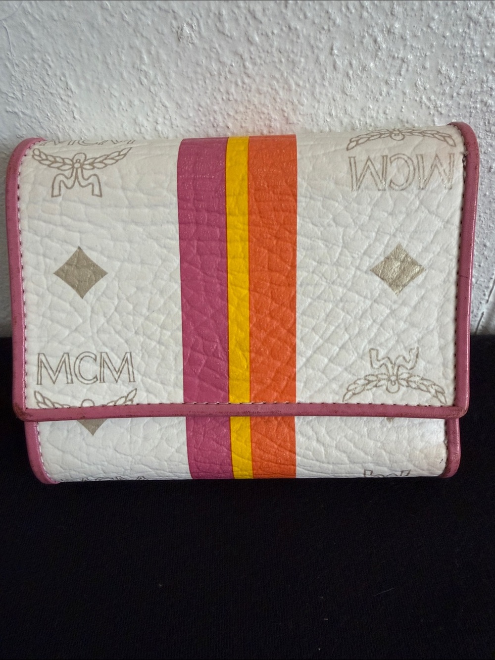MCM Compact White Wallet with Pink, Orange & Yellow Center Stripes